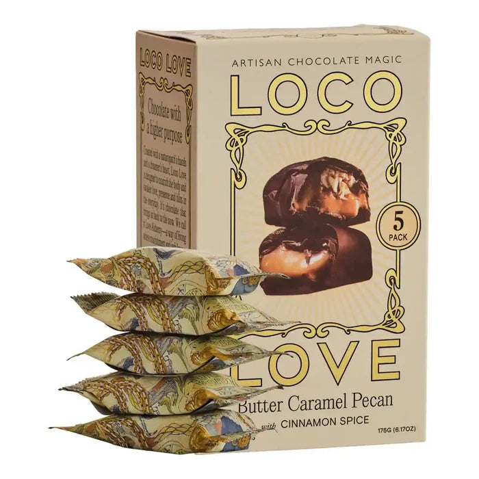 Box of Loco Love chocolate with five individual packets in front on a white background