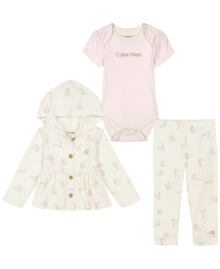 Calvin Klein Baby Girls Floral Sketch Interlock Cardigan and Joggers, 3 Piece Set - Cream, Pink