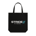 Black STRIDE Fitness canvas tote bag designed for carrying gym gear, daily essentials, and everyday use