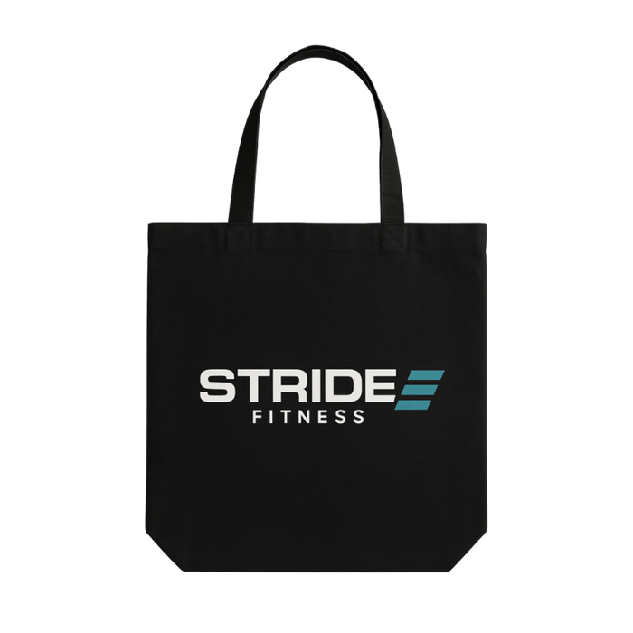 Black STRIDE Fitness canvas tote bag designed for carrying gym gear, daily essentials, and everyday use