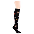 Knee-high black compression socks featuring colorful cat faces wearing glasses.