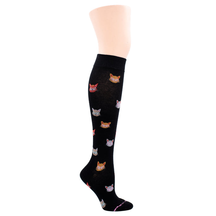 Knee-high black compression socks featuring colorful cat faces wearing glasses.