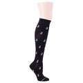 Knee-high black compression socks with a cat pattern in various colors.