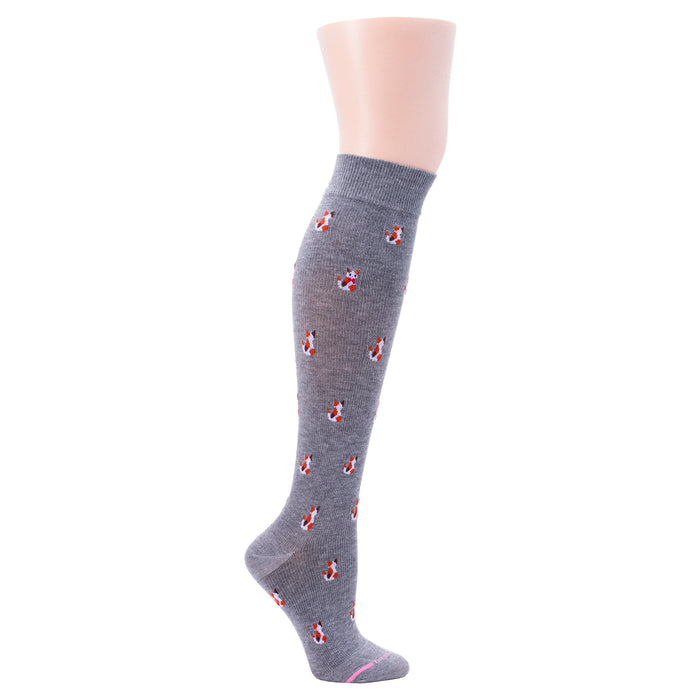 Gray knee-high compression socks with a cat pattern in red and white.