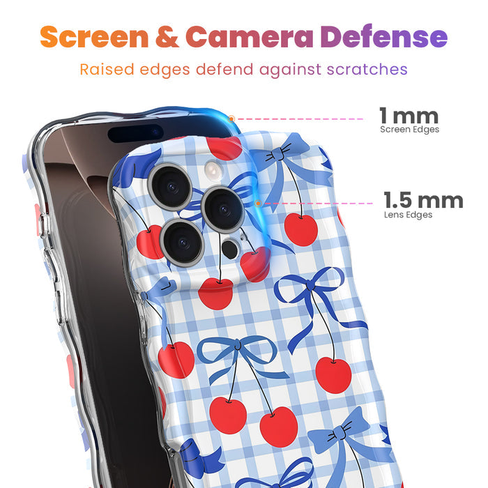 Blue and white gingham iPhone case featuring red cherries and blue ribbon bows with wavy edges.