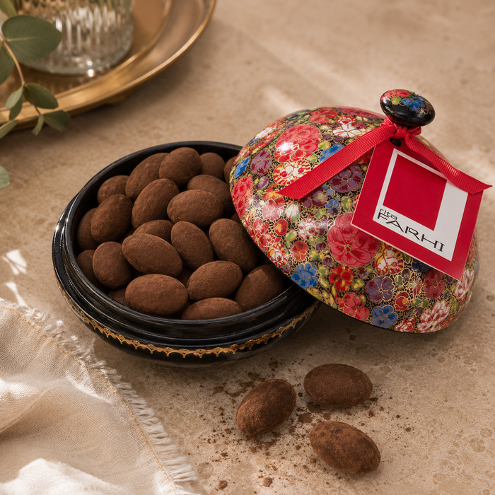 Cocoa Dusted Dark Chocolate Almonds in a Handmade Bonbonnière, Palm Oil Free, 130g