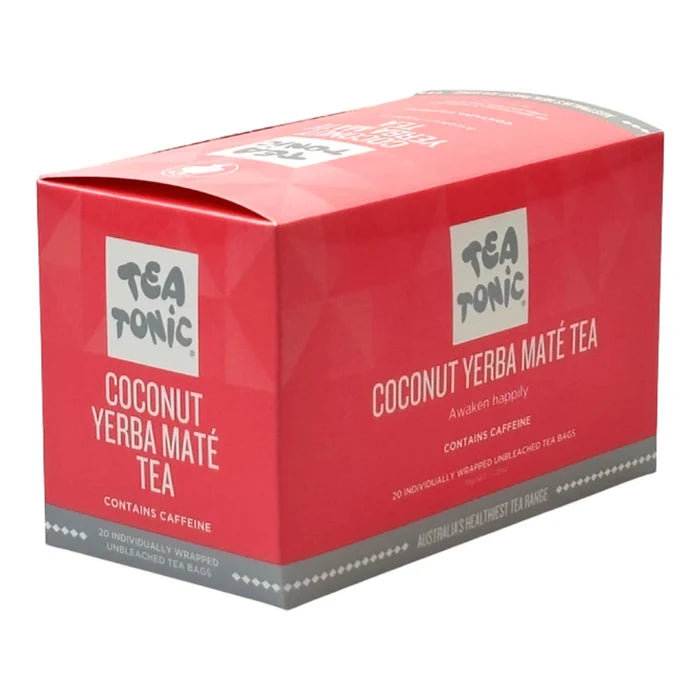 Tea Tonic Coconut Yerba Mate Tea in a red box - 20 individually wrapped tea bags. Contains caffeine.