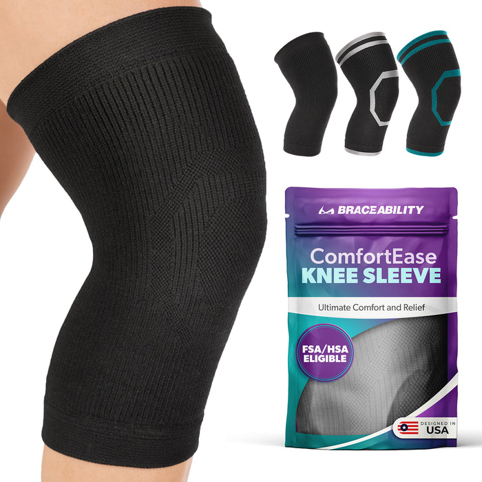 BraceAbility ComfortEase knee compression sleeve for ultimate comfort and relief, offered in unique color options