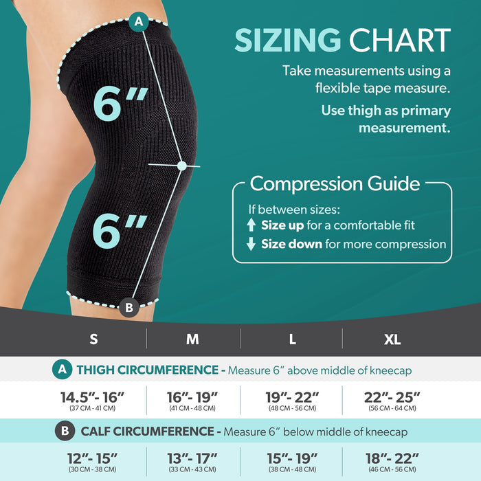 BraceAbility ComfortEase compression knee sleeve sizing chart for the best fit.