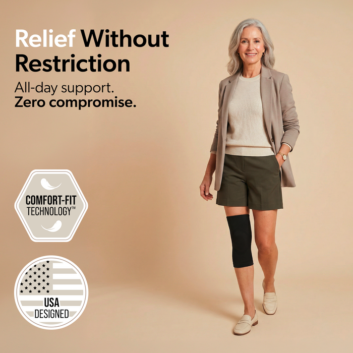 BraceAbility elastic patella stabilizer for arthritis and bursitis designed in the United States and made to be worn all day without any restrictions