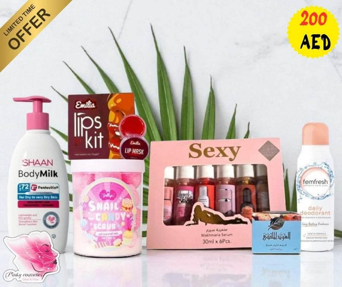 Complete Skincare & Body Wellness Set – 6-in-1 Beauty Kit - All-in-One Skincare & Bodycare Bundle - Shaan, Emilia, Femfresh, Mukhallat, Snail Candy, Arabic Herbal -- United Arab Emirates -- Pinky Cosmetics