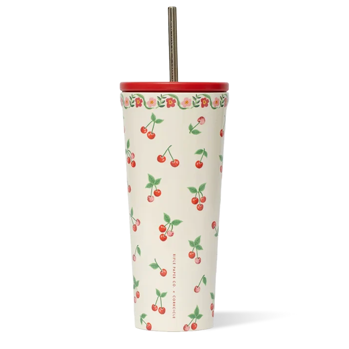 Tumbler with cherry pattern on a white background