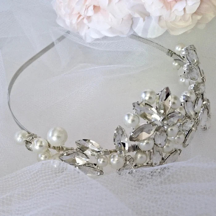 Wedding Hair Accessories - Silver Pearl and Crystal Bridal Side-Headband