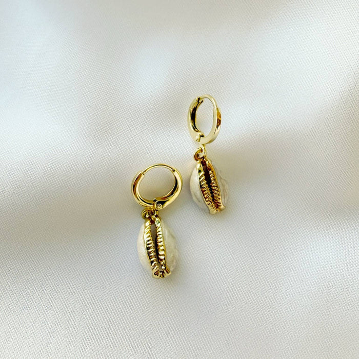 Cowrie Shell Beachy Huggie Hoops Gold Filled Earrings