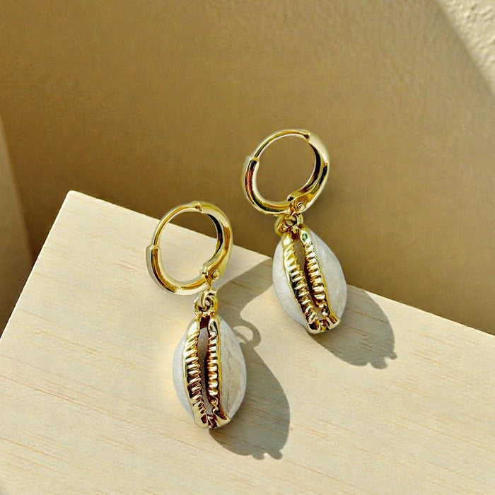 Cowrie Shell Beachy Huggie Hoops Gold Filled Earrings