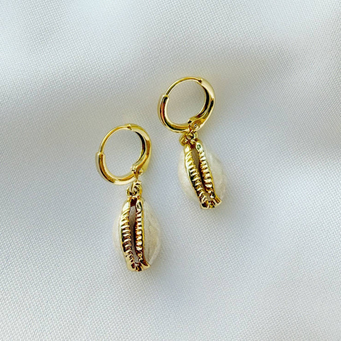 Cowrie Shell Beachy Huggie Hoops Gold Filled Earrings