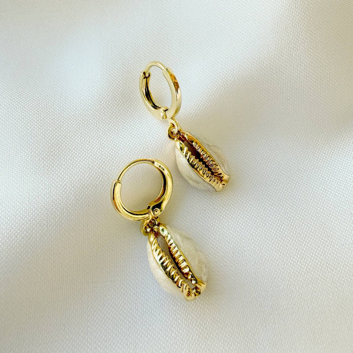 Cowrie Shell Beachy Huggie Hoops Gold Filled Earrings