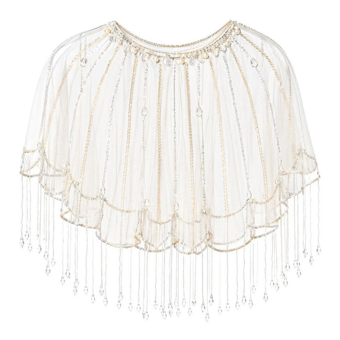 Cream Pearl Beaded Fringe Sheer Cape