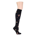 Knee-high black compression socks featuring colorful animal and leaf patterns.