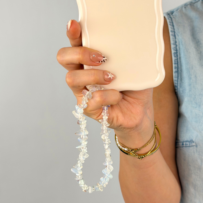 close up image showing moonstone phone strap