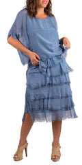 Denim Blue Silk Scoop Neck Maxi Ruffle Dress