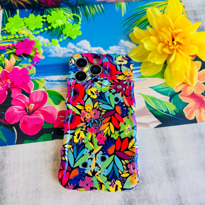 Electric Paradise MagSafe iPhone case with bright neon florals on black background by Fancy Bands