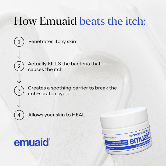 Emuaid jar with text explaining how it beats the itch on a white background