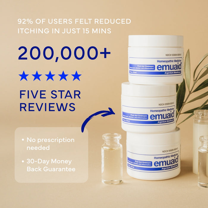 Emuaid product packaging with text highlighting user feedback and product features on a beige background.