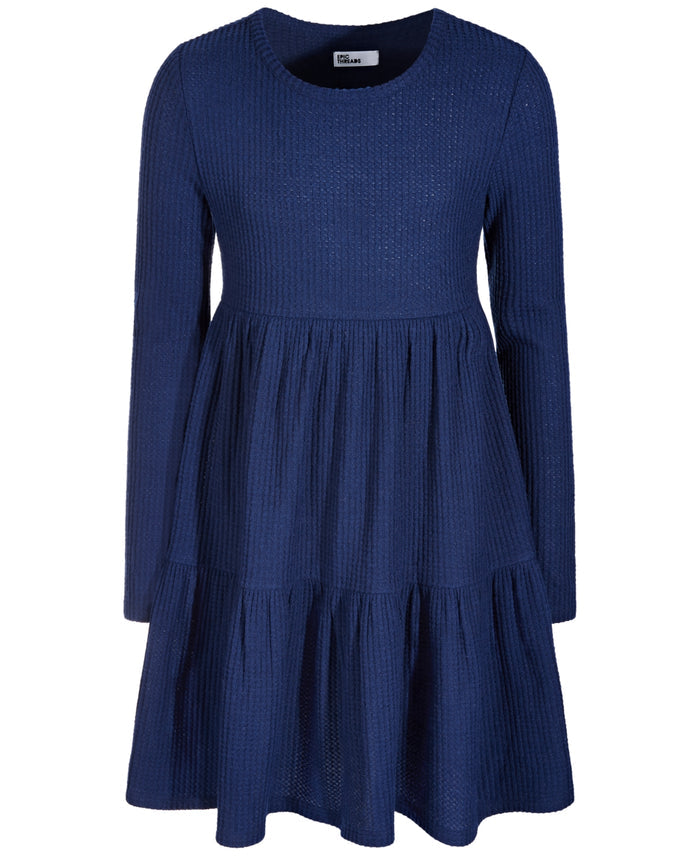 Epic Threads Big Girls Long-Sleeve Waffled Tiered Dress- Navy Sea