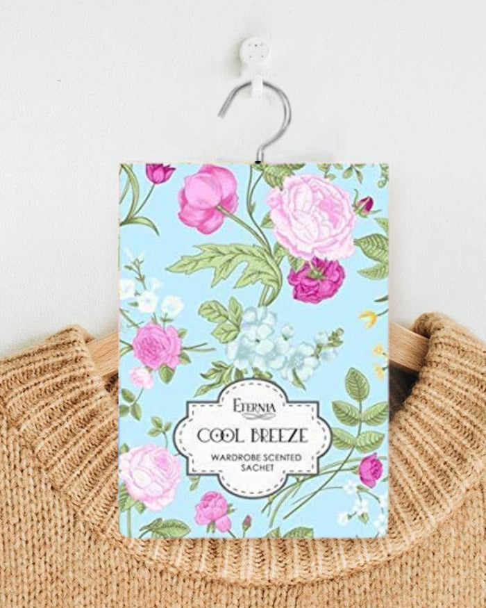 Eternia Cool Breeze wardrobe scented sachet with floral print and hanging tag