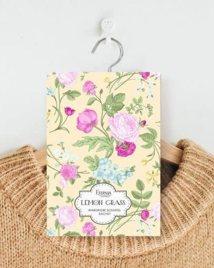 Floral wardrobe fragrance sachet bag with lemon grass scent, hanging loop closure