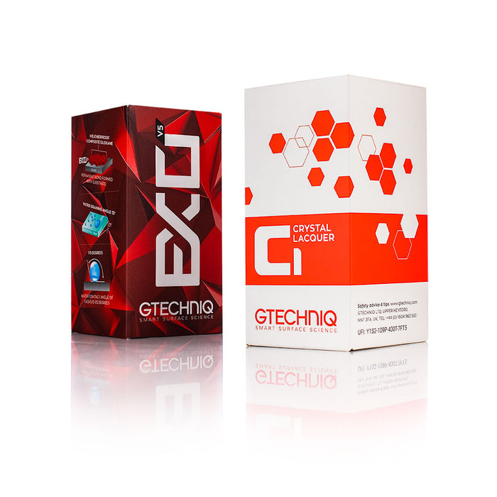 Gtechniq Kit with C1 Crystal Lacquer and EXO v5 in their packaging on a white background.