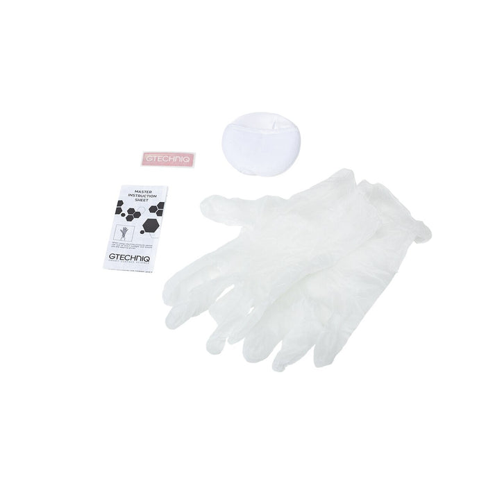 Included with the bottle of protectant is a pair of gloves, instructions, lint-free microfiber applicator pad, and Gtechniq sticker
