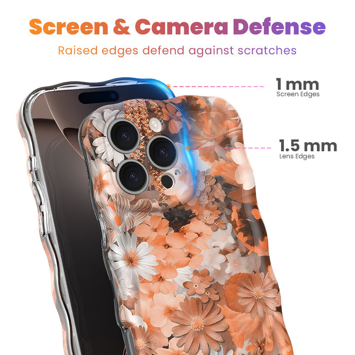 Fall Blooms Wavy Luxe MagSafe iPhone case with a warm autumn floral print in orange and cream from Fancy Bands