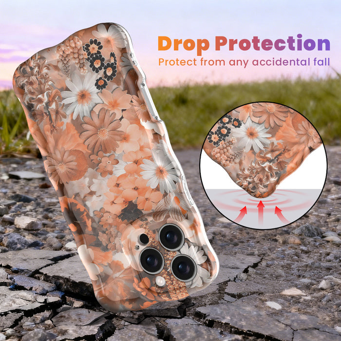 Fall Blooms Wavy Luxe MagSafe iPhone case with a warm autumn floral print in orange and cream from Fancy Bands