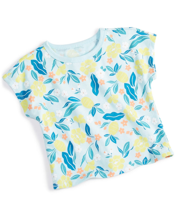 First Impressions Baby Girls Elegant Tropical-Print T-Shirt- Oasis Blue