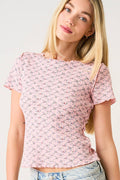 FLORAL PRINT SHORT SLEEVE WAFFLE KNIT TOP: ROSY PINK