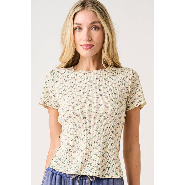 FLORAL PRINT SHORT SLEEVE WAFFLE KNIT TOP: ROSY PINK
