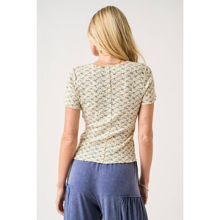 FLORAL PRINT SHORT SLEEVE WAFFLE KNIT TOP: ROSY PINK