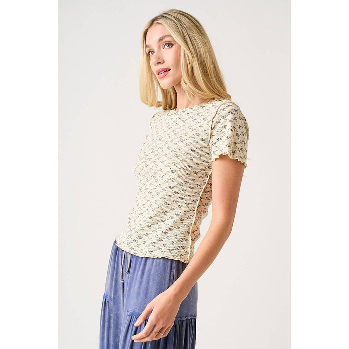 FLORAL PRINT SHORT SLEEVE WAFFLE KNIT TOP: ROSY PINK