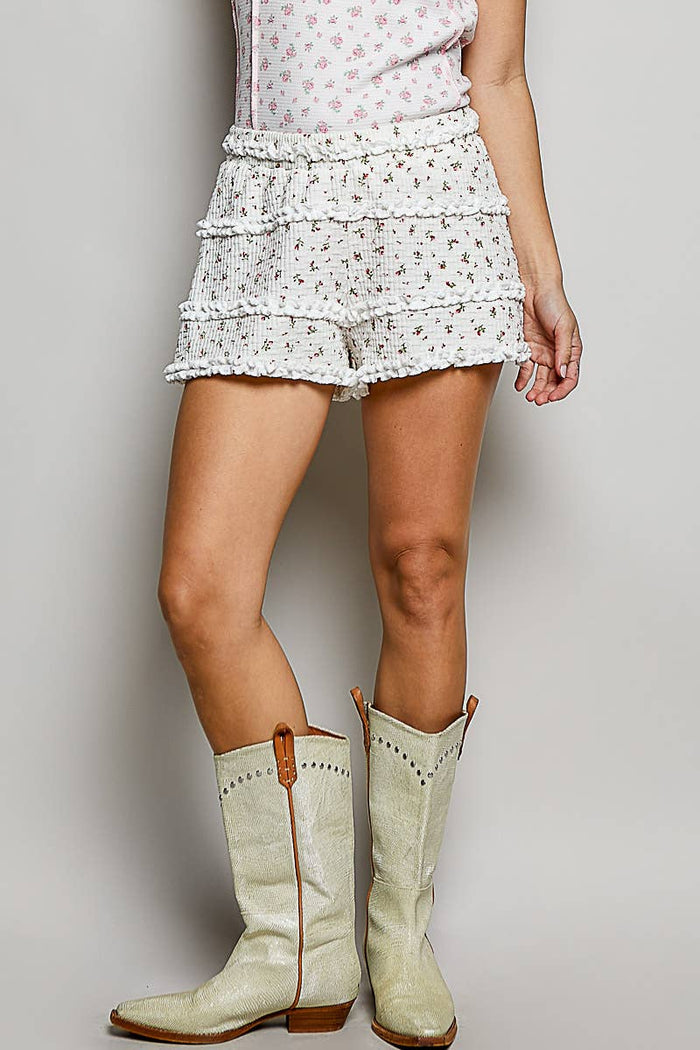 Floral Smocked Ruffle Tiered Shorts: IVORY