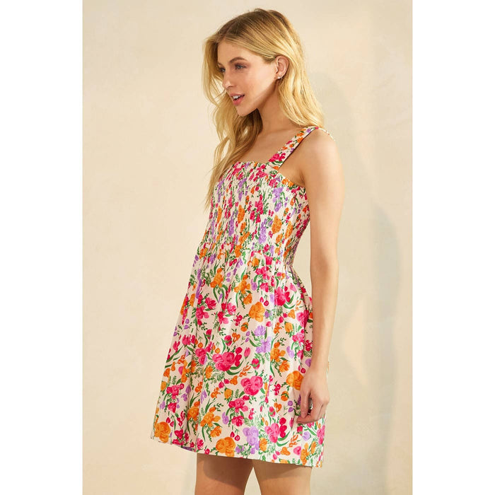 FLOWER PRINT SMOCKED SLEEVELESS MINI DRESS: IVORY MULTI