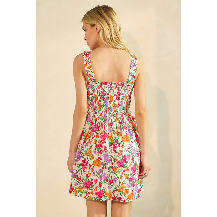 FLOWER PRINT SMOCKED SLEEVELESS MINI DRESS: IVORY MULTI