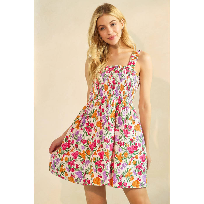 FLOWER PRINT SMOCKED SLEEVELESS MINI DRESS: IVORY MULTI