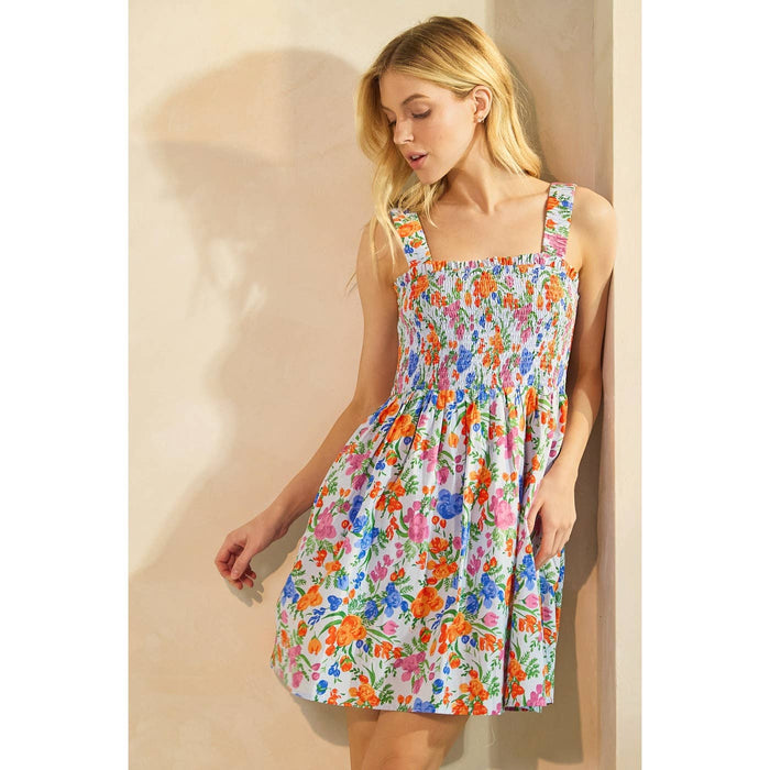 FLOWER PRINT SMOCKED SLEEVELESS MINI DRESS: IVORY MULTI