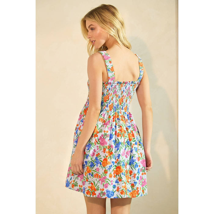 FLOWER PRINT SMOCKED SLEEVELESS MINI DRESS: IVORY MULTI