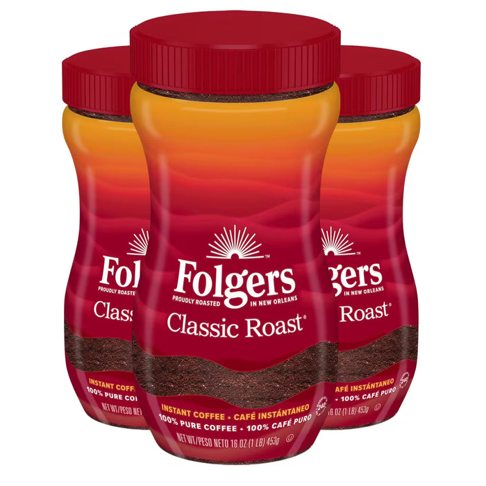Folgers Classic Roast Instant Coffee Crystals, 16 oz - 3 Pack