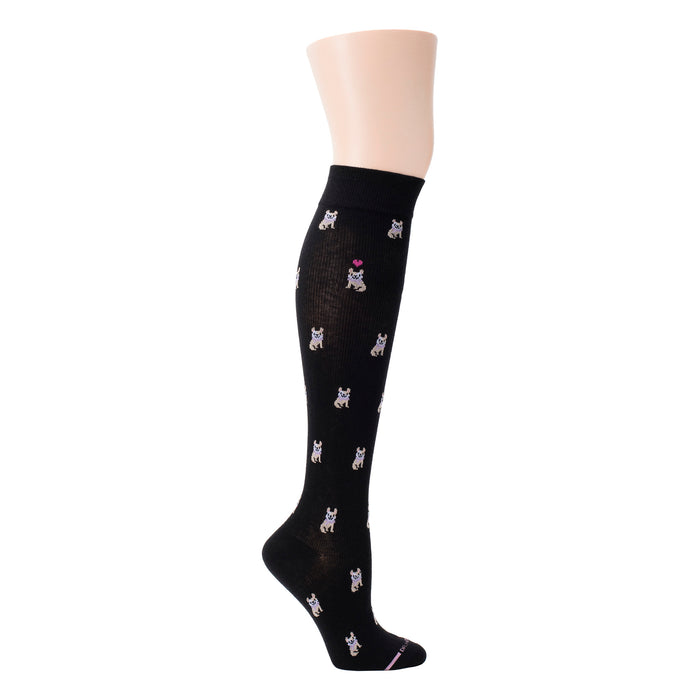 Knee-high black compression socks featuring a pattern of French bulldogs and hearts.