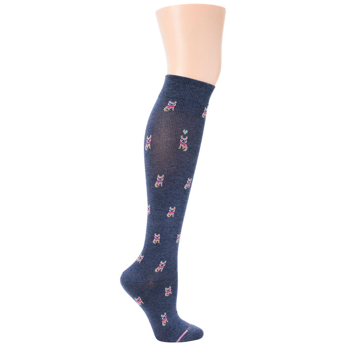 Knee-high compression socks in navy with a French Bulldog pattern in pink and white.