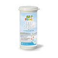 Bottle of Frog test strips for pool and hot tub on a white background